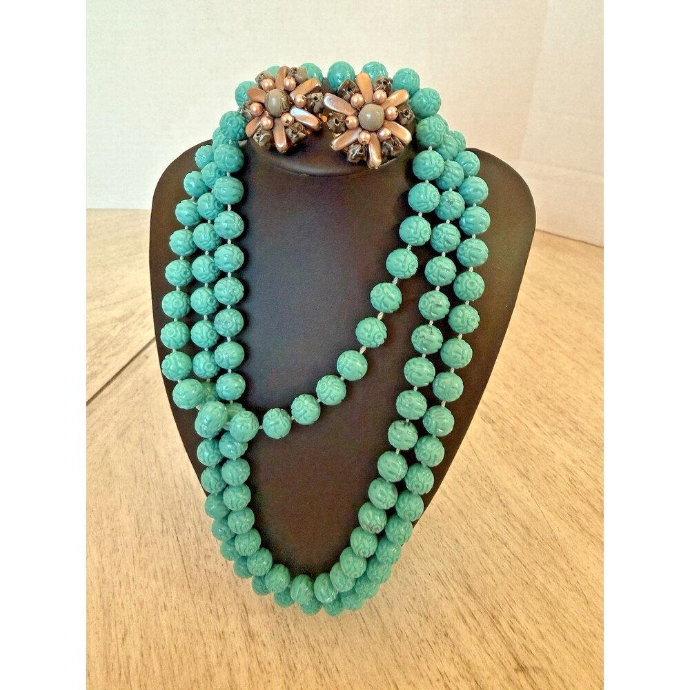 Chinese Carved Turquoise Shou Bead Necklace ? Floral Earrings Hong Kong Vtg Read